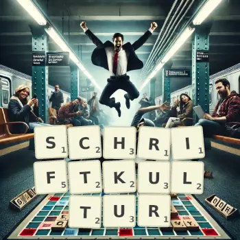 Kreative Illustration für ein Scrabble-Spiel, bei dem das Wort SCHRIFTKULTUR mit Steinen auf dem Brett gelegt wurde.