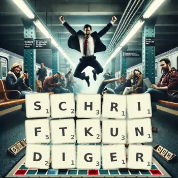 Kreative Illustration für ein Scrabble-Spiel, bei dem das Wort SCHRIFTKUNDIGER mit Steinen auf dem Brett gelegt wurde.