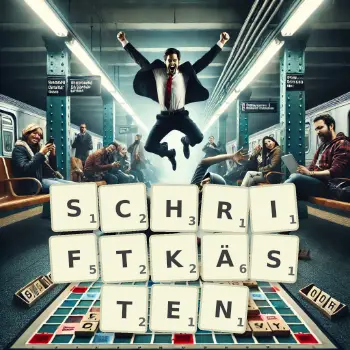 Kreative Illustration für ein Scrabble-Spiel, bei dem das Wort SCHRIFTKÄSTEN mit Steinen auf dem Brett gelegt wurde.
