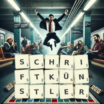 Kreative Illustration für ein Scrabble-Spiel, bei dem das Wort SCHRIFTKÜNSTLER mit Steinen auf dem Brett gelegt wurde.