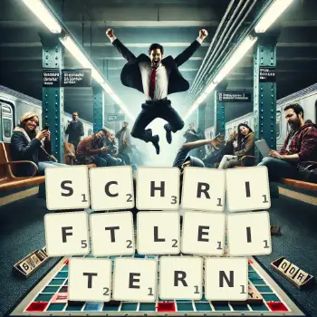 Kreative Illustration für ein Scrabble-Spiel, bei dem das Wort SCHRIFTLEITERN mit Steinen auf dem Brett gelegt wurde.