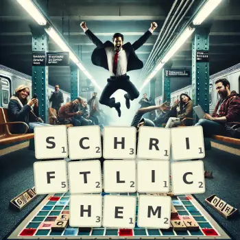 Kreative Illustration für ein Scrabble-Spiel, bei dem das Wort SCHRIFTLICHEM mit Steinen auf dem Brett gelegt wurde.