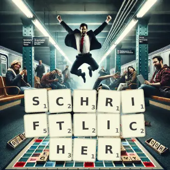 Kreative Illustration für ein Scrabble-Spiel, bei dem das Wort SCHRIFTLICHER mit Steinen auf dem Brett gelegt wurde.