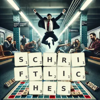 Kreative Illustration für ein Scrabble-Spiel, bei dem das Wort SCHRIFTLICHES mit Steinen auf dem Brett gelegt wurde.