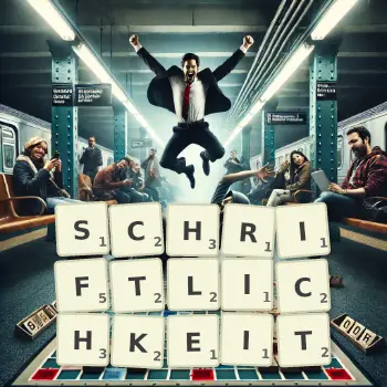 Kreative Illustration für ein Scrabble-Spiel, bei dem das Wort SCHRIFTLICHKEIT mit Steinen auf dem Brett gelegt wurde.