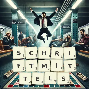 Kreative Illustration für ein Scrabble-Spiel, bei dem das Wort SCHRIFTMITTELS mit Steinen auf dem Brett gelegt wurde.