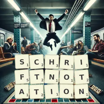 Kreative Illustration für ein Scrabble-Spiel, bei dem das Wort SCHRIFTNOTATION mit Steinen auf dem Brett gelegt wurde.