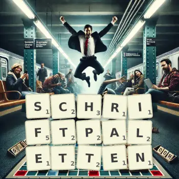Kreative Illustration für ein Scrabble-Spiel, bei dem das Wort SCHRIFTPALETTEN mit Steinen auf dem Brett gelegt wurde.