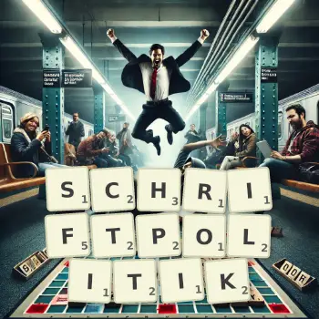 Kreative Illustration für ein Scrabble-Spiel, bei dem das Wort SCHRIFTPOLITIK mit Steinen auf dem Brett gelegt wurde.