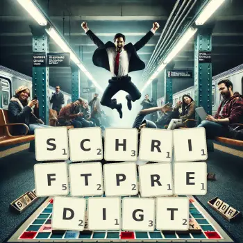 Kreative Illustration für ein Scrabble-Spiel, bei dem das Wort SCHRIFTPREDIGT mit Steinen auf dem Brett gelegt wurde.