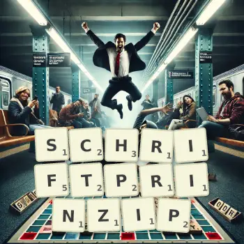 Kreative Illustration für ein Scrabble-Spiel, bei dem das Wort SCHRIFTPRINZIP mit Steinen auf dem Brett gelegt wurde.