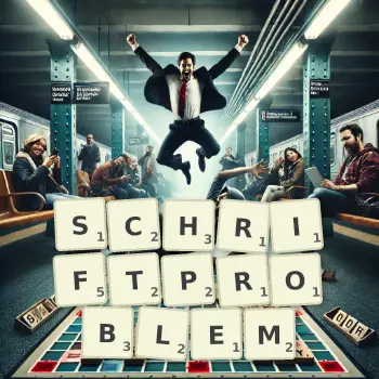 Kreative Illustration für ein Scrabble-Spiel, bei dem das Wort SCHRIFTPROBLEM mit Steinen auf dem Brett gelegt wurde.