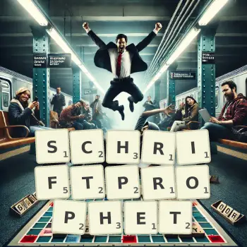 Kreative Illustration für ein Scrabble-Spiel, bei dem das Wort SCHRIFTPROPHET mit Steinen auf dem Brett gelegt wurde.