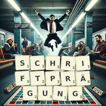 Kreative Illustration für ein Scrabble-Spiel, bei dem das Wort SCHRIFTPRÄGUNG mit Steinen auf dem Brett gelegt wurde.