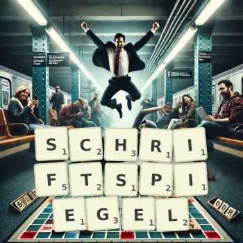 Kreative Illustration für ein Scrabble-Spiel, bei dem das Wort SCHRIFTSPIEGEL mit Steinen auf dem Brett gelegt wurde.