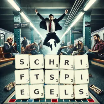 Kreative Illustration für ein Scrabble-Spiel, bei dem das Wort SCHRIFTSPIEGELS mit Steinen auf dem Brett gelegt wurde.