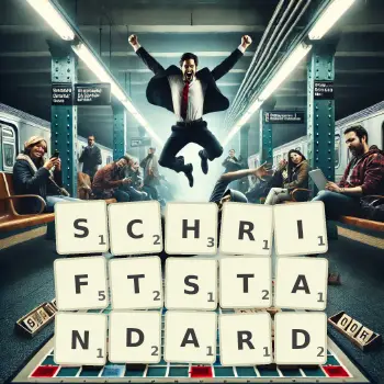 Kreative Illustration für ein Scrabble-Spiel, bei dem das Wort SCHRIFTSTANDARD mit Steinen auf dem Brett gelegt wurde.