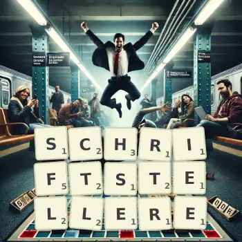 Kreative Illustration für ein Scrabble-Spiel, bei dem das Wort SCHRIFTSTELLERE mit Steinen auf dem Brett gelegt wurde.