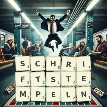 Kreative Illustration für ein Scrabble-Spiel, bei dem das Wort SCHRIFTSTEMPELN mit Steinen auf dem Brett gelegt wurde.