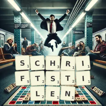 Kreative Illustration für ein Scrabble-Spiel, bei dem das Wort SCHRIFTSTILEN mit Steinen auf dem Brett gelegt wurde.