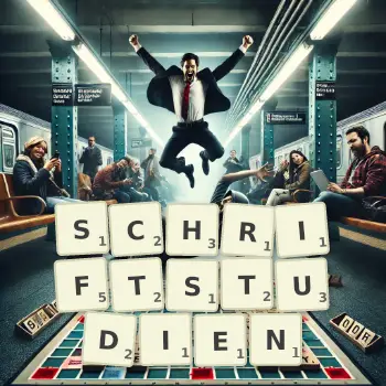 Kreative Illustration für ein Scrabble-Spiel, bei dem das Wort SCHRIFTSTUDIEN mit Steinen auf dem Brett gelegt wurde.