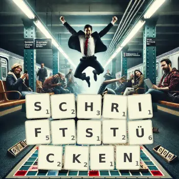 Kreative Illustration für ein Scrabble-Spiel, bei dem das Wort SCHRIFTSTÜCKEN mit Steinen auf dem Brett gelegt wurde.