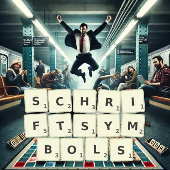 Kreative Illustration für ein Scrabble-Spiel, bei dem das Wort SCHRIFTSYMBOLS mit Steinen auf dem Brett gelegt wurde.