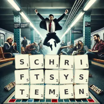 Kreative Illustration für ein Scrabble-Spiel, bei dem das Wort SCHRIFTSYSTEMEN mit Steinen auf dem Brett gelegt wurde.