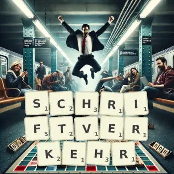 Kreative Illustration für ein Scrabble-Spiel, bei dem das Wort SCHRIFTVERKEHR mit Steinen auf dem Brett gelegt wurde.