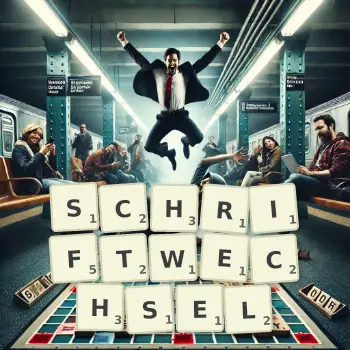 Kreative Illustration für ein Scrabble-Spiel, bei dem das Wort SCHRIFTWECHSEL mit Steinen auf dem Brett gelegt wurde.