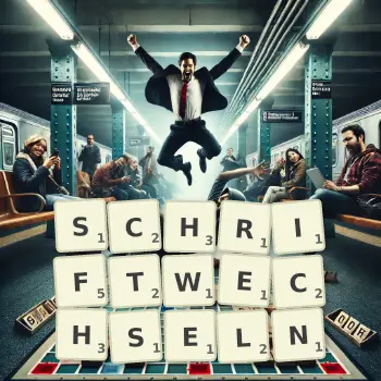 Kreative Illustration für ein Scrabble-Spiel, bei dem das Wort SCHRIFTWECHSELN mit Steinen auf dem Brett gelegt wurde.