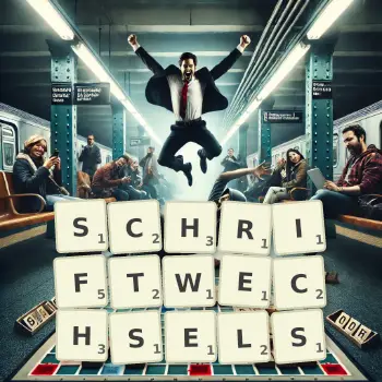 Kreative Illustration für ein Scrabble-Spiel, bei dem das Wort SCHRIFTWECHSELS mit Steinen auf dem Brett gelegt wurde.