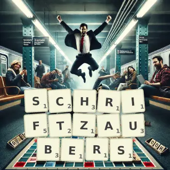 Kreative Illustration für ein Scrabble-Spiel, bei dem das Wort SCHRIFTZAUBERS mit Steinen auf dem Brett gelegt wurde.