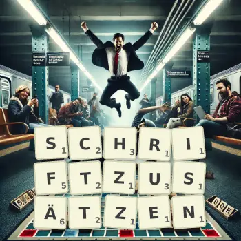 Kreative Illustration für ein Scrabble-Spiel, bei dem das Wort SCHRIFTZUSÄTZEN mit Steinen auf dem Brett gelegt wurde.