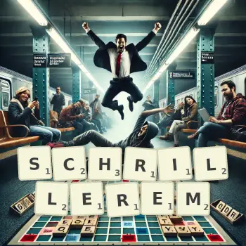 Kreative Illustration für ein Scrabble-Spiel, bei dem das Wort SCHRILLEREM mit Steinen auf dem Brett gelegt wurde.