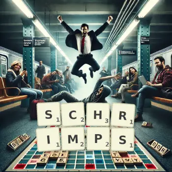 Kreative Illustration für ein Scrabble-Spiel, bei dem das Wort SCHRIMPS mit Steinen auf dem Brett gelegt wurde.