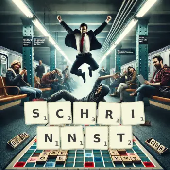 Kreative Illustration für ein Scrabble-Spiel, bei dem das Wort SCHRINNST mit Steinen auf dem Brett gelegt wurde.