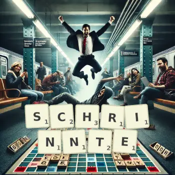 Kreative Illustration für ein Scrabble-Spiel, bei dem das Wort SCHRINNTE mit Steinen auf dem Brett gelegt wurde.