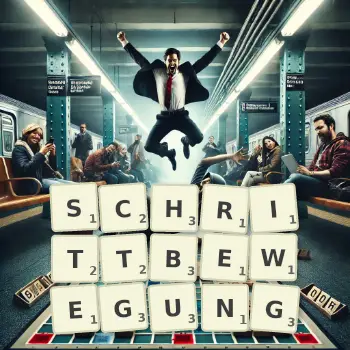 Kreative Illustration für ein Scrabble-Spiel, bei dem das Wort SCHRITTBEWEGUNG mit Steinen auf dem Brett gelegt wurde.