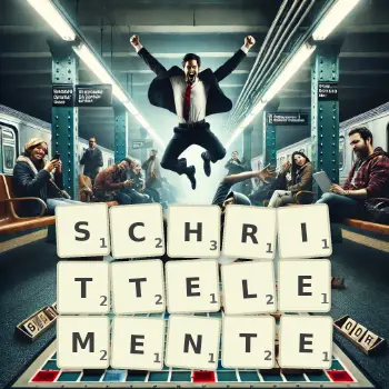 Kreative Illustration für ein Scrabble-Spiel, bei dem das Wort SCHRITTELEMENTE mit Steinen auf dem Brett gelegt wurde.