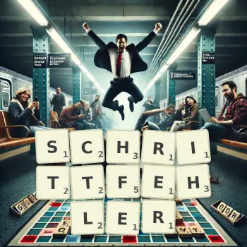 Kreative Illustration für ein Scrabble-Spiel, bei dem das Wort SCHRITTFEHLER mit Steinen auf dem Brett gelegt wurde.