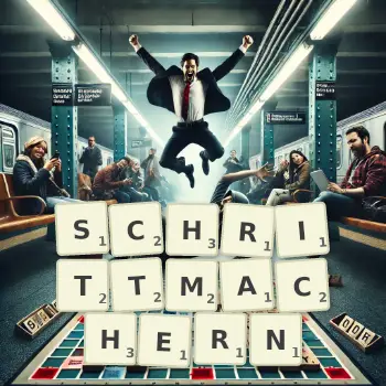 Kreative Illustration für ein Scrabble-Spiel, bei dem das Wort SCHRITTMACHERN mit Steinen auf dem Brett gelegt wurde.