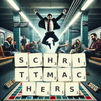Kreative Illustration für ein Scrabble-Spiel, bei dem das Wort SCHRITTMACHERS mit Steinen auf dem Brett gelegt wurde.