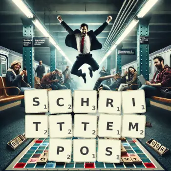 Kreative Illustration für ein Scrabble-Spiel, bei dem das Wort SCHRITTTEMPOS mit Steinen auf dem Brett gelegt wurde.