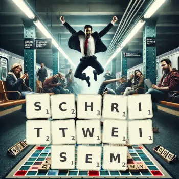 Kreative Illustration für ein Scrabble-Spiel, bei dem das Wort SCHRITTWEISEM mit Steinen auf dem Brett gelegt wurde.