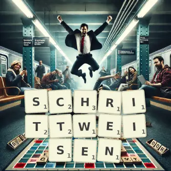 Kreative Illustration für ein Scrabble-Spiel, bei dem das Wort SCHRITTWEISEN mit Steinen auf dem Brett gelegt wurde.
