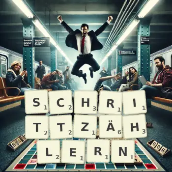 Kreative Illustration für ein Scrabble-Spiel, bei dem das Wort SCHRITTZÄHLERN mit Steinen auf dem Brett gelegt wurde.