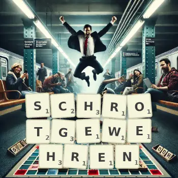 Kreative Illustration für ein Scrabble-Spiel, bei dem das Wort SCHROTGEWEHREN mit Steinen auf dem Brett gelegt wurde.