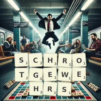 Kreative Illustration für ein Scrabble-Spiel, bei dem das Wort SCHROTGEWEHRS mit Steinen auf dem Brett gelegt wurde.