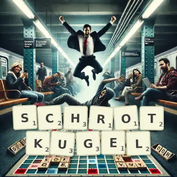 Kreative Illustration für ein Scrabble-Spiel, bei dem das Wort SCHROTKUGEL mit Steinen auf dem Brett gelegt wurde.